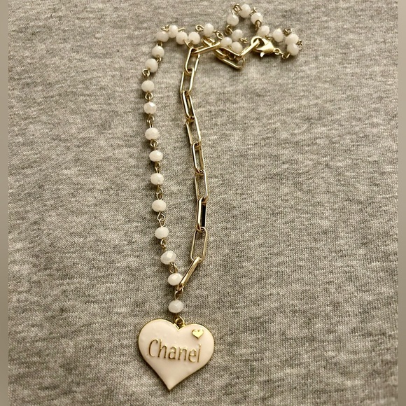 Authentic Chanel White Heart Zipper Pull on Gold Paperclip & Swarovski Necklace - Picture 3 of 4
